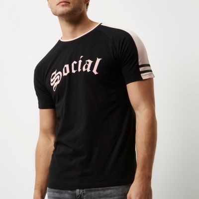 Black social print raglan T-shirt